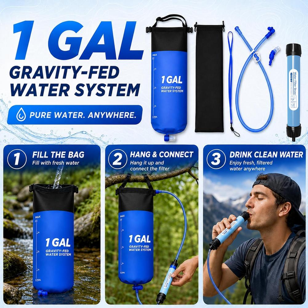 1 Gal Gravity Water Filter Bag - Water Purification Straw recension och pris